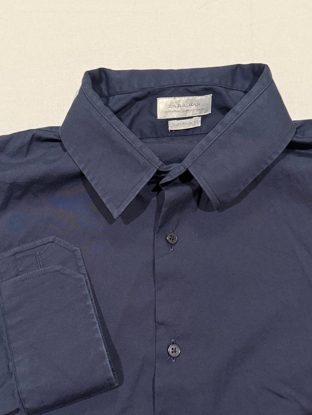 Zara Man Super Slim Fit Dress Shirt Mens XL 44 Navy Blue Long Sleeve Button Up